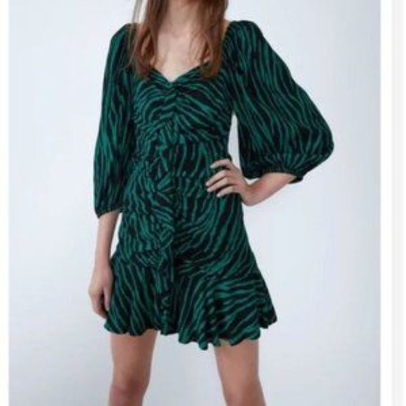 NWT ZARA zebra green black ruched party mini dress elastic puffy sleeves XXL - Picture 2 of 11
